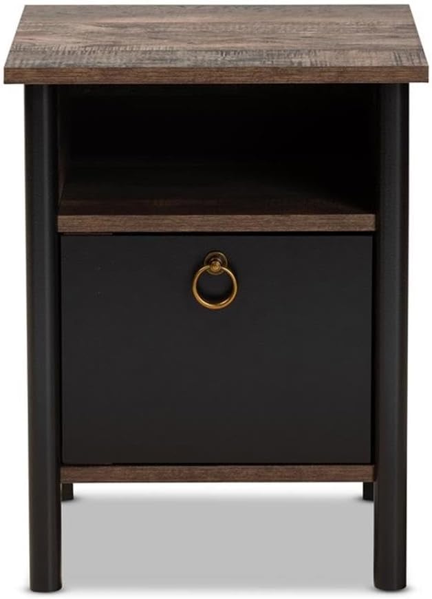 BOWERY HILL Modern Nightstand, 19.5 in H x 15.7 in W x 15.7 in D, Two-Tone Rustic Brown and Black Finished Wood, Gold-Tone Metal Pull, 1 Shelf and Enclosed Compartment, Bedroom Side Table