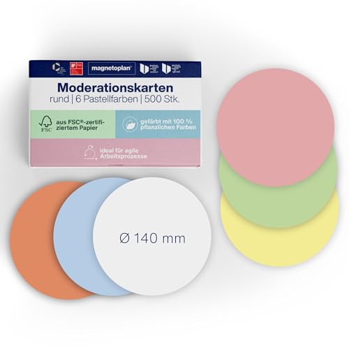 magnetoplan Moderationskarten, rund | Ø 140 mm | 500 Stück | Kommunikationskarten in 6 Pastellfarben | Für Meetings und Präsentationen | FSC-zertifiziert und kunststofffrei verpackt