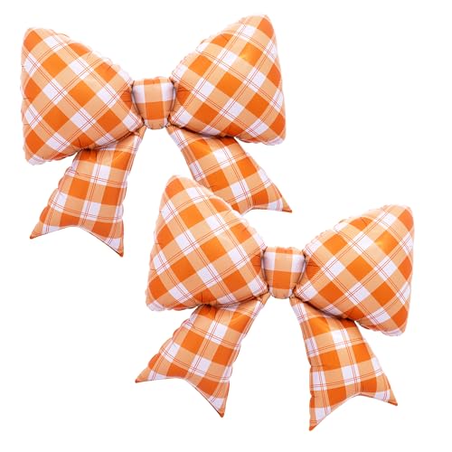 Image of 37 Inch Orange and White Checkered Plaid Bow Foil Balloons Orange Gingham Bow Knot Balloon Racing Emo Coquette Showgirl Themed Party Decor for Birthday Baby Shower Party Decorations Supplies