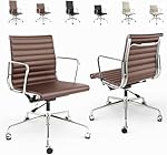 Genuine Leather Office Chair for Home and Office, Mid Back Ribbed Leather Desk Chair with Aluminium Alloy Frame and Base, Rolling Chairs Arms and With Silent Nylon Wheels