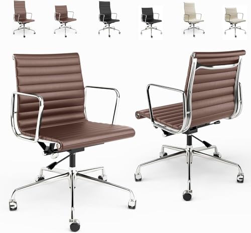 Redriver Genuine Leather Office Chair for Home and Office, Mid Back Ribbed Leather Desk Chair with Aluminium Alloy Frame and Base, Rolling Chairs Arms and With Silent Nylon Wheels