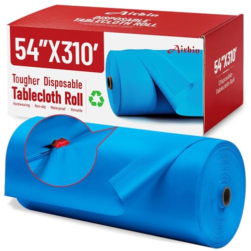 Image of Plastic Table Cloth, 310 Ft X 54 in Disposable Tablecloth Blue Tablecloth Premium PEVA Plastic Table Cloth Disposable with Any Cut Sliding Cutters for Picnics, Parties, Birthdays, Festivals