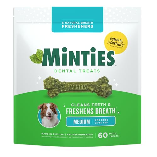 minties dental chews for dogs 60 count vet-recommended mint-flavored treats for medium dogs 25-50 lbs bones clean teeth fight bad breath and removes plaque and tartar
