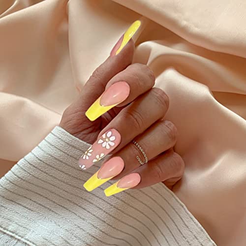 Babalal Coffin Press On Nails Long French Tip Fake Nails Yellow Glossy Glue On Nails Flower Ballerina Acrylic Nails 24Pcs With Flower Design Stick On Nails #TOP2