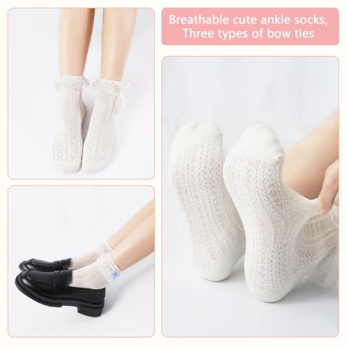 Image of YOYOU Lace Socks Women Off White Bow Lace Ruffle Ankle Socks for Dress Lolita 3 Pairs
