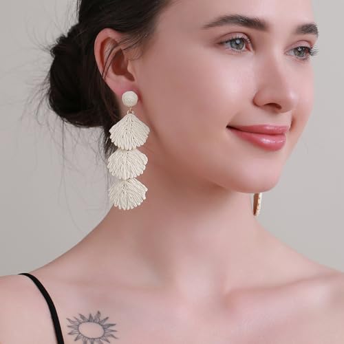 Raffia Shell Earrings for Women, Summer Beach Vacation Jewelry, Lightweight Handmade Dangle Earrings3