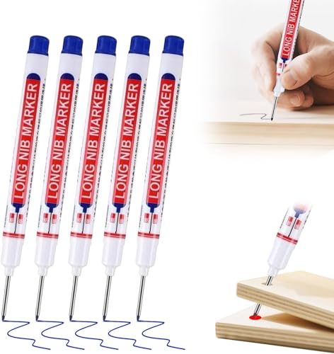 BYXIWA Long Nib Marker, 20mm Deep Hole Marker Pens, Multi-Color Long Nose Construction Markers, Waterproof Quick Dry Metal Wood Carpenter Marking Tool for DIY, Tight Spaces & Drilling (Blue*5pcs)