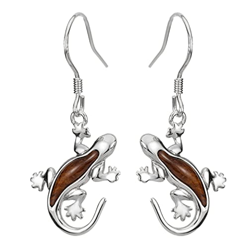 Sterling Silver Koa Wood Lizard Gecko Hook Earrings #TOP20