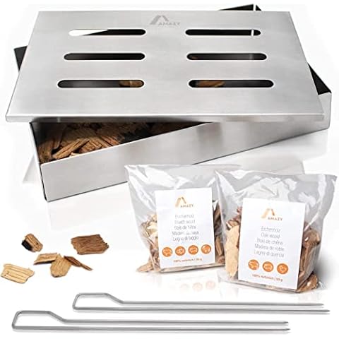 Amazy Stainless steel smoker box including 2 barbecue skewers and 2 beech and oak smoking chips - The dishwasher safe smoker box gives your fish or steak the traditional American BBQ smoke flavour Cover