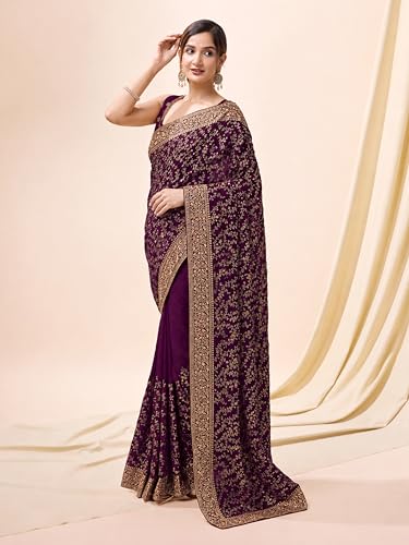 Image of TRENDMALLS Women's Vichitra Silk Heavy Embroidery With Siroski Stone Work Saree with Unstitch Blouse Piece For Women