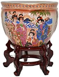 New 6" Double Themed Oriental Peacock Birds & Geisha Women Fish Bowl Jardiniere Planter Plant Pot Satsuma Style with Wooden Stand