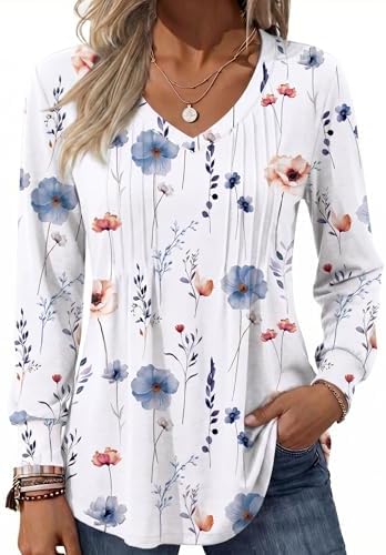 Zeagoo Women's Puff Long Sleeve Shirts Pleated V Neck Fall Tunic ...