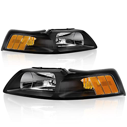 OEDRO Headlight Assembly Compatible with 1999-2004 99 00 01 02 03 04 Ford Mustang, Headlamp with Amber Reflector, Black Housing Clear Lens