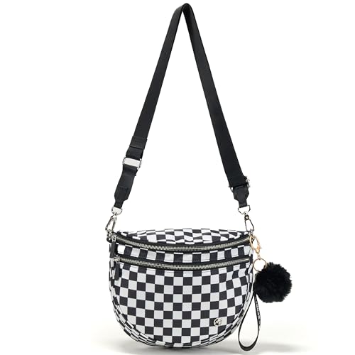 Image of Pander Crossbody Bum Bag for Women, Everyday Nylon Shoulder Bag with Pompom Keychain Wristlet Bag Charm, Adjustable Strap