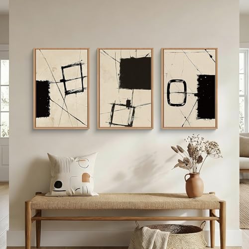 HOURIA Abstract Neutral Brushstroke Framed Canvas Wall Art Set-16"x24"x3