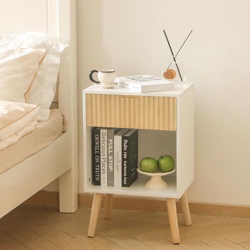 Image of Fultyle Nightstand, Modern Bedside Table with Drawer and Open Shelf, Fluted Night Stand with Solid Wood Legs for Bedroom, Living Room, Office (White Oak)