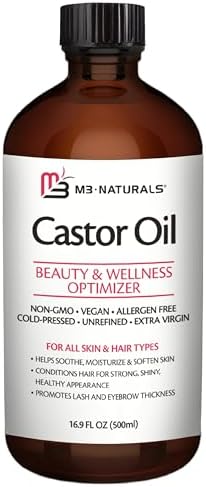 100% Pure Organic Castor Oil for Hair, Lash and Eyebrow Growth, Lymphatic Drainage, Stomach Discomfort and Skin Hydration | Hexane-Free, Cold Pressed and Unrefined in a 16.9 fl oz (500ml) Glass Bottle