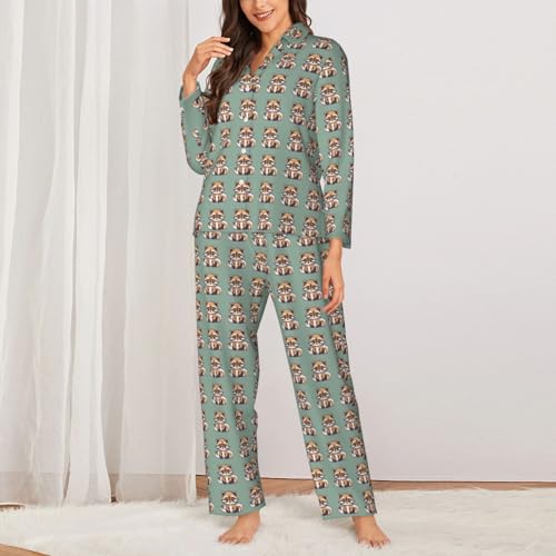 Pyjama manches longues femme raton laveur aux finitions soignées et vêtement de nuit premium