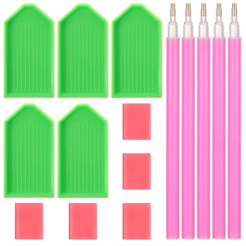 Ymapinc 15 PCS Diamond Art Pens Tools with 5 Drill Pen, 5 Tray, Glue Clay, Diamond Art Accessories Pens for Kids Adults DIY Crafts (Red, Pink, Green)