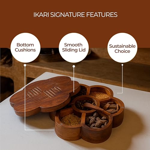 Image of Ikari Homes Wooden Masala Box, Round Shape Spice Container with 7 Compartments and Lid I Healthy & Plastic Free I Magnetic Closure I Hand crafted Carved Design I Big Size 10 in x 4 in