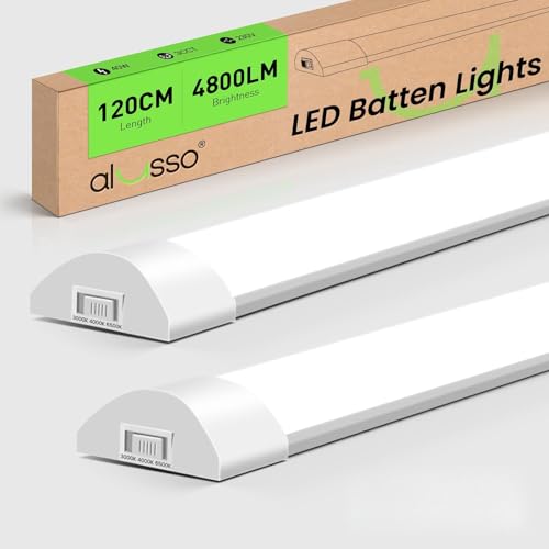 ALUSSO Lot de 2 Réglette LED 120 cm, Neon Intégrée 40W 4800lm Tube LED Lumière, 3000K/4500K/6500K Blanc Chaud/Neutre/Froid Plafonnier Lampe, IP20 pour Garage,...