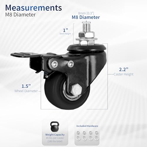 VIVO M8 Diameter Threaded Locking Caster Wheels, Set of 4, Swivel, Rubber Base, Brake, 1.5 inch Replacement Wheels for Standing Desk Frames, TV Stands, Carts, and More, PT-ST-015C