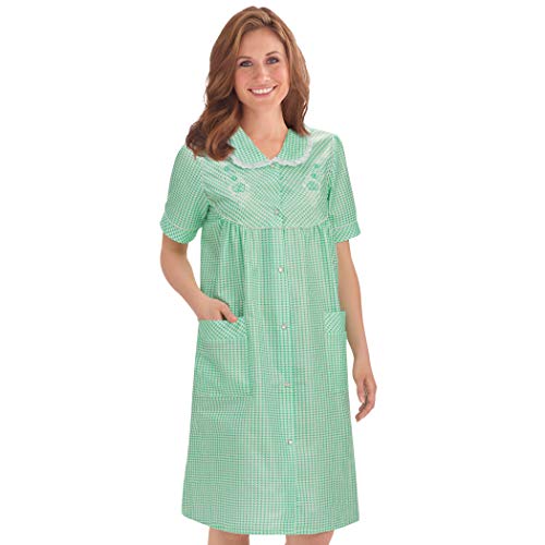 Collections Etc Women's Etc. Gingham Women's Robe With Floral Accents, Snap-Front Closure And Lace Trim, Mint, Large #TOP1