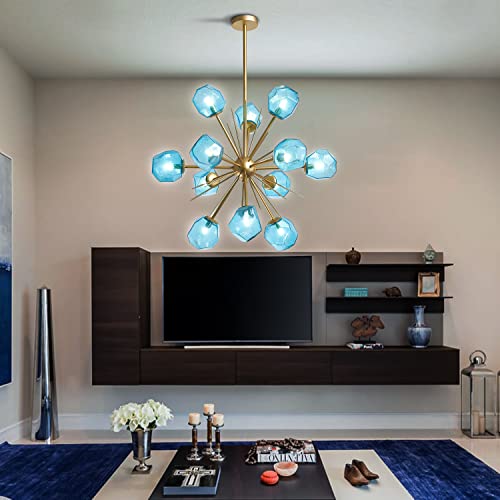 Modern Murano Glass Sputnik Chandelier - 12-Light Blue And Gold Crystal Chandeliers, Height Adjustable Pendant Lighting Ceiling Light Fixture For Hotel Kitchen Dining Room Living Room Bedroom #TOP5