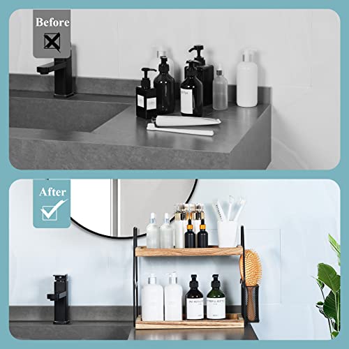 Bathroom Counter Organizer, 2-Tier Standing Storage Shelf with Basket, Wood Tray for Skincare Vanity Organizer - Image 7
