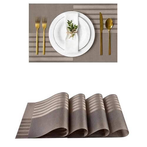 Image of Rectangular Heat Resistant Non-Slip Weave Placemat for Dining Table, Cleanable PVC Woven Dinner Mats | Low-Maintenance| Perfect for Home, Kitchen, Restaurant, Office Bear Browne, Set of 4
