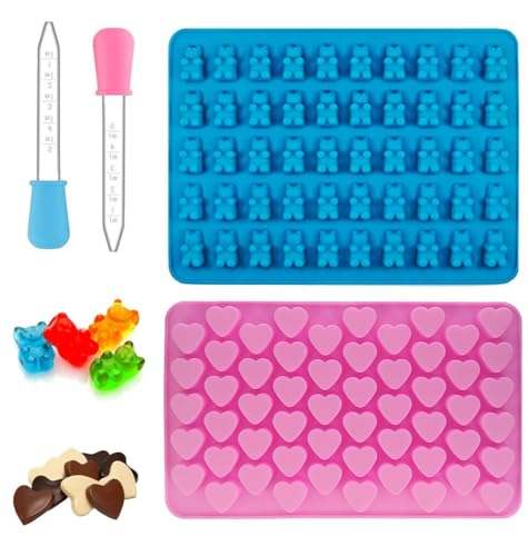 Gummibärchen Form Silikon, 2-pcs Silikon Form, Mit 2 Tropfern, Antihaft Silikonform Gummibärchen, Wiederverwendbar Silikonform Herz für DIY Süßigkeiten Schokolade, 55 Herz/50 Bären