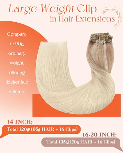 Image of Sunny Hair Clip in Hair Extensions Real Human Hair Blonde Ombre 120g | 14 Inch Remy Hair Extensions Clip in Blonde Ombre Highlights with Natural Looking Thickness for Graduation Hairstyles