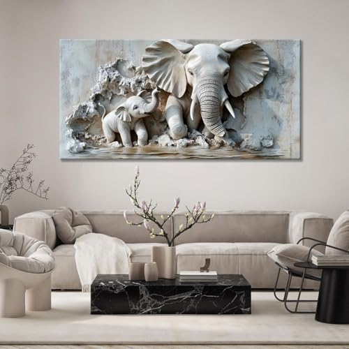 BirdSuite Warm Mother & Baby Elephant Texture Art Picture - Frameless Canvas Wall Art Painting for Living Room, Bedroom, Family Room, Hallway - 40'' x 20''