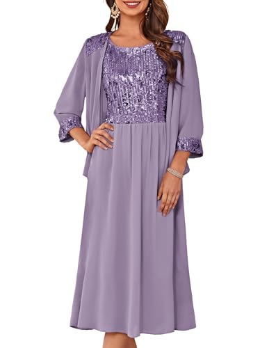 Image of GRACE KARIN Formal Wedding Guest Dress Sequin Mother of The Bride Dresses | Two Piece,3 /4 Sleeve,Tea Length,Crew Neck,Fit and Flare,Chiffon,Suitable for Spring /Summer /Fall /Winter /Cocktail /Party /Prom