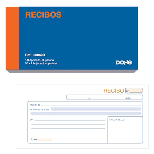Dohe - Talonarios Recibos de Pago Duplicados (10 uds.) - Blocs para Alquiler, Compras o Cobros, 50 Hojas con Copia por Talonario, Tamaño 21x10 cm, Material de Oficina