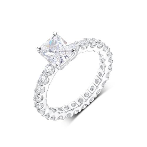 MDFUN 18K White Gold Plated Rectangle Cut Cubic Zirconia Promise Wedding Engagement Rings Eternity Band for Women Size 5-10