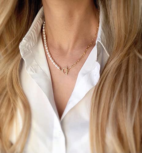 Tasiso Half Paperclip Chain Half Pearl Choker Necklace 14K Gold Plated Toggle Clasp Necklace Freshwater Pearl Toggle Necklace #TOP2
