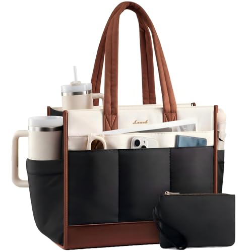 LOVEVOOK Tote Bag for Women, Lightweight Puffer Work Handbag with Large Cup Holder, 15.6 Inch Laptop Computer Purse for Nurse Teacher, 25L Quilted Travel Tote Shoulder Bag for College Office Gym