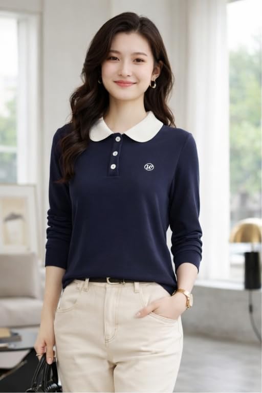 Image of Women's Polo T-Shirt | Long Sleeve Casual T-Shirt | Soft Comfortable Korean Style Trendy Top for Women