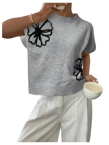 SOLY HUX Women's Ribbed Sweater Crew Neck Short Sleeve Loose Fit Floral Knit Pullover Tops