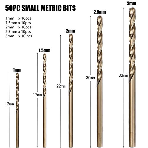 Hymnorq Metric M35 Cobalt Steel Extremely Heat Resistant Twist Drill Bits with Straight Shank Set of 50pcs in 5 Sizes(1, 1.5, 2, 2.5, 3mm) for Stainless Steel Cast Iron and Hard Metals - Thumbnail 4