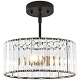 YURNYQ Black Crystal Chandelier, Small Modern Semi Flush Mount Ceiling Chandelier Light Fixtures, Round Hanging Lighting Fixture for Kitchen Bedroom Hallway Entryway Laundry Room, 3-Light, 11.8 Inch