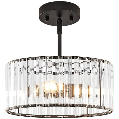 YURNYQ Black Crystal Chandelier, Small Modern Semi Flush Mount Ceiling Chandelier Light Fixtures, Round Hanging Lighting Fixture for Kitchen Bedroom Hallway Entryway Laundry Room, 3-Light, 11.8 Inch