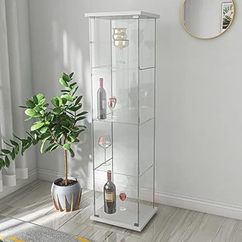 4-Shelf Glass Display Cabinet with Door, 16.7''W x 14.4''D x 64.7''H Curio Cabinets 4mm Tempered Glass Countertop Display Showcase Cabinet Bookcase for Bedroom, Kitchen, Living Room (Natural Wood),Whi Cover