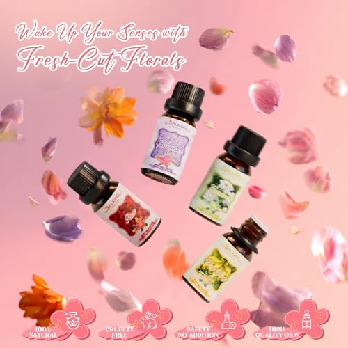 SALKING Bloemen etherische oliën set, aromatherapie geurolie cadeauset, pure geuroliën voor diffusers en luchtbevochtigers, 6x10 ml (lavendel, kersenbloesem, gardenia, roos, ylang-ylang, kamille) - Afbeelding 6