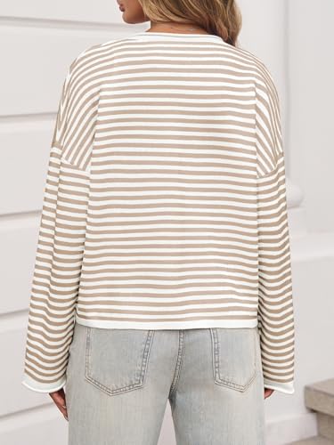 Image of Saodimallsu Womens Striped Cardigan Casual Long Sleeve Open Front Button Down Loose Knit Lightweight Fall Sweaters