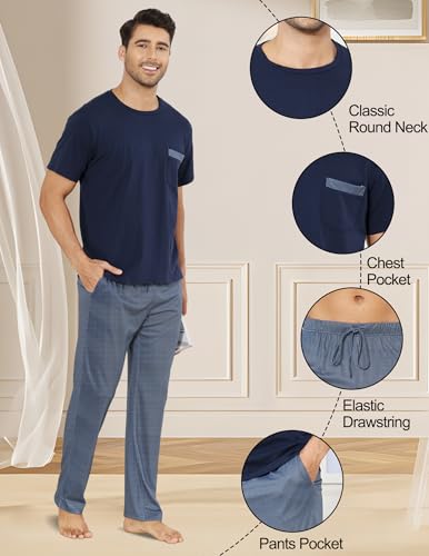 Mens Pajamas Set Soft Pjs for Men Cotton Short Sleeve Top and Long Pants Sleepwear 2 Pieces Loungewea Sets4