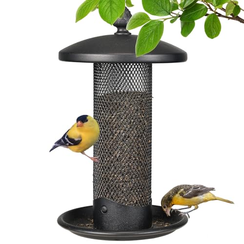 Veehoo Finch Feeder for Outdoors Hanging, Thistle Bird Feeders with Metal Mesh for Cardinal Nyjer Seed, Small Tube Wild Bird Feeders with Weatherproof Roof for Outdoor, Black
