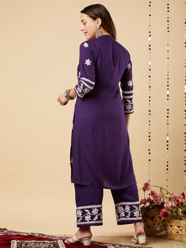 Image of GoSriKi Women's Cotton Blend Straight Chikankari Embroidered Kurta with Palazzo Set