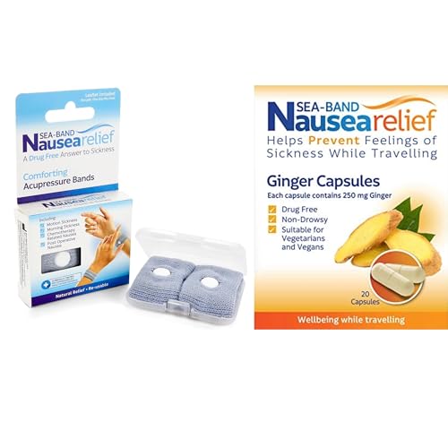 Sea-Band Travel & Motion Sickness and Nausea Relief, Ginger Capsules and Acupressure Wristbands Bundle, (1 x Pair of Adult Grey, 1 x Pack of Ginger 𝖢apsules, 20 Capsules)